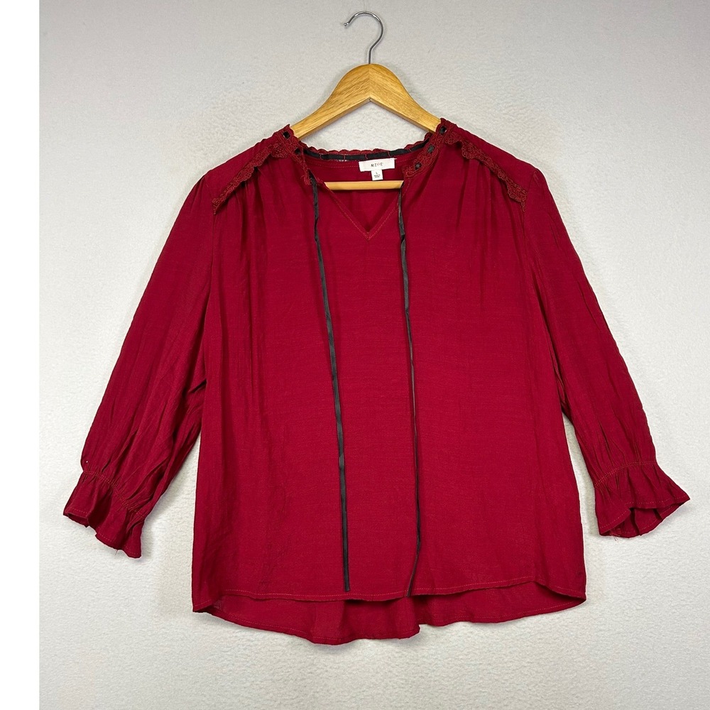 Boho Peasant MINE Womens Large Burgundy Red Lace Trim Ribbon Tie Blouse TB4010